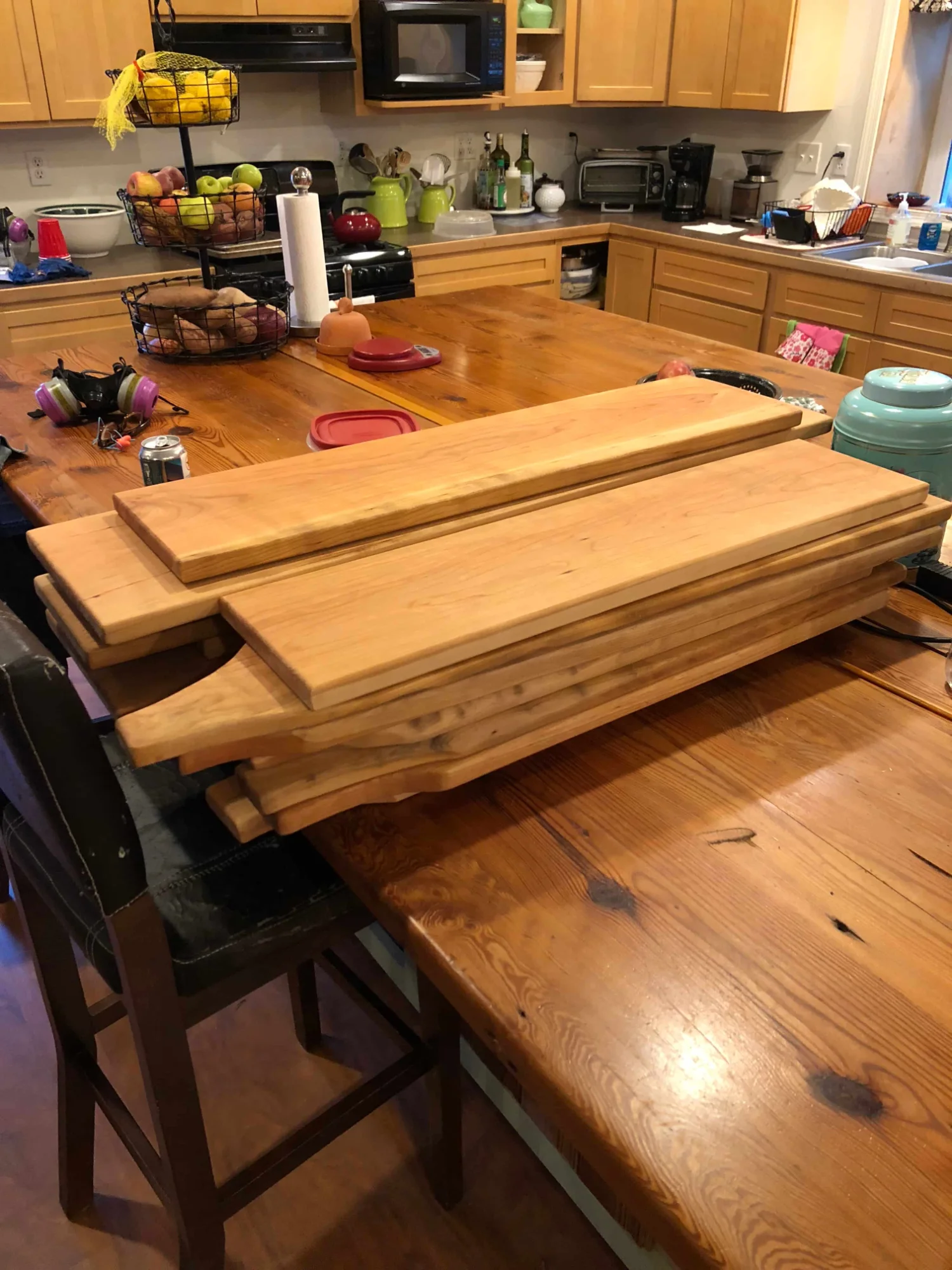 Custom charcuterie boards displayed on kitchen island